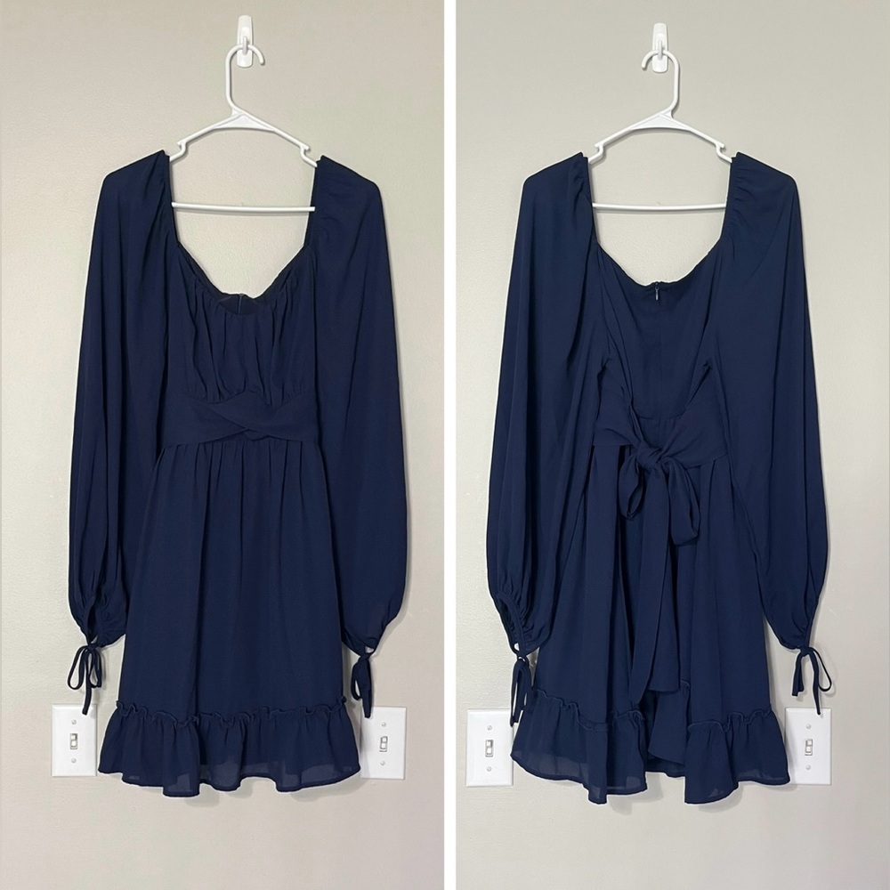 Navy Blue Long Sleeve Mini Dress with Ruffled Hem and Tie Back - Size Large